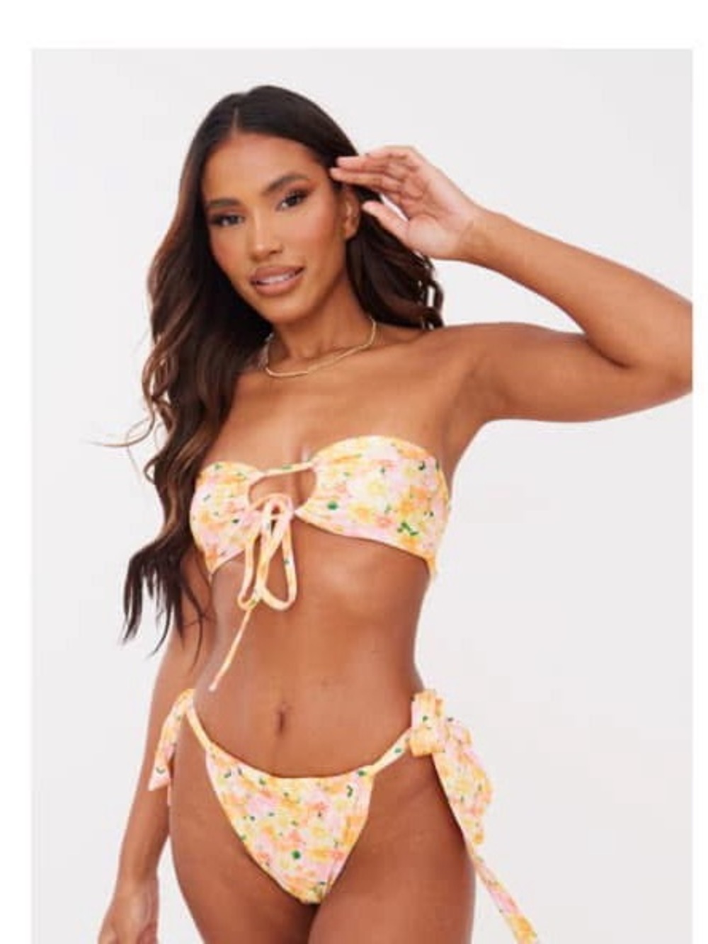PRETTYLITTLETHING Floral Tie-Front Bandeau Bikini Top in yellow